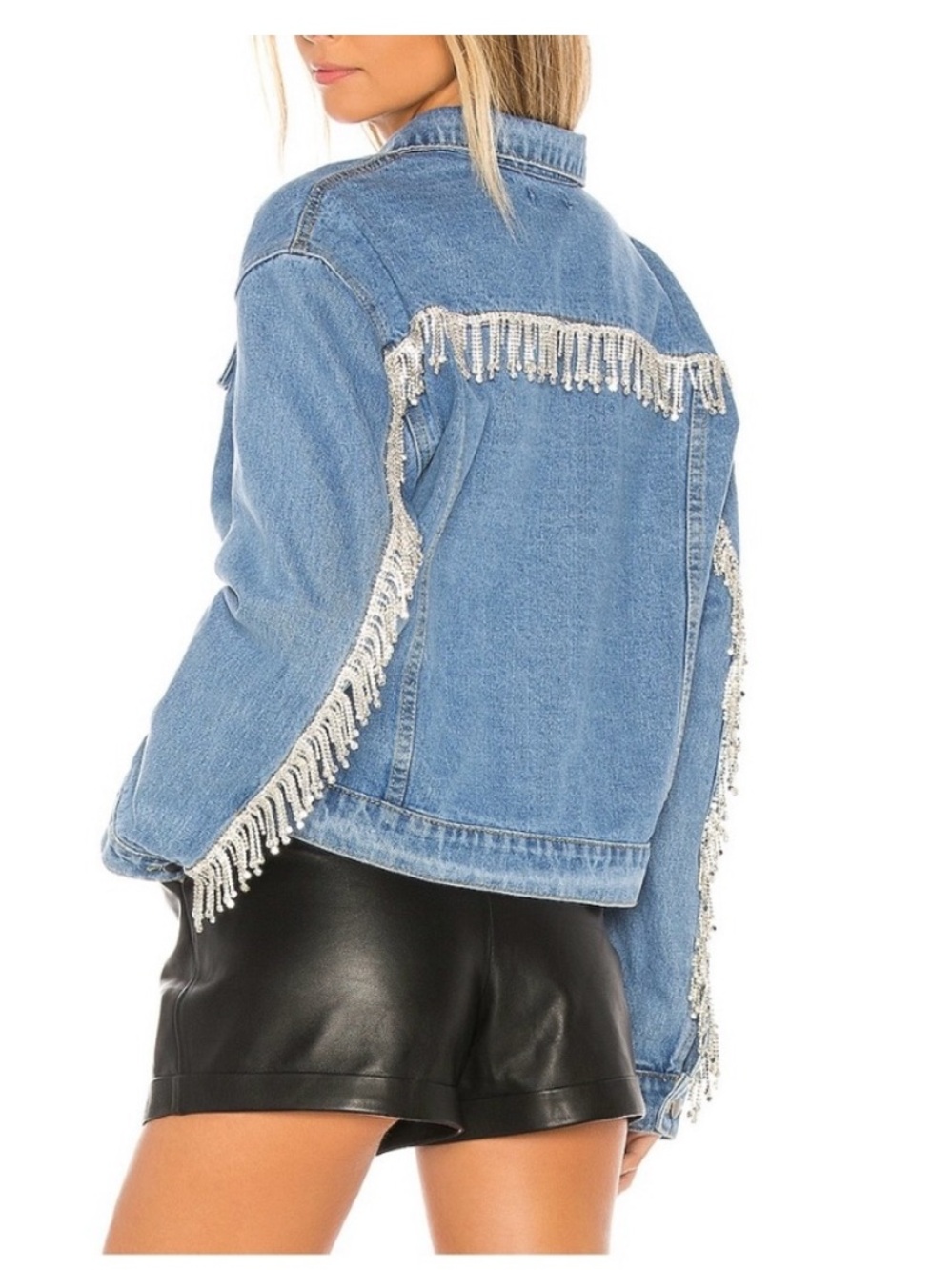 superdown Light Blue Denim Jacket with Fringe Trim